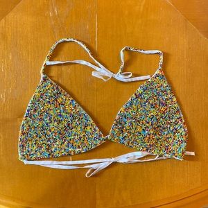 Vintage Hand-beaded Colorful Rainbow Sequin Silk Triangle Adjustable Bra Top